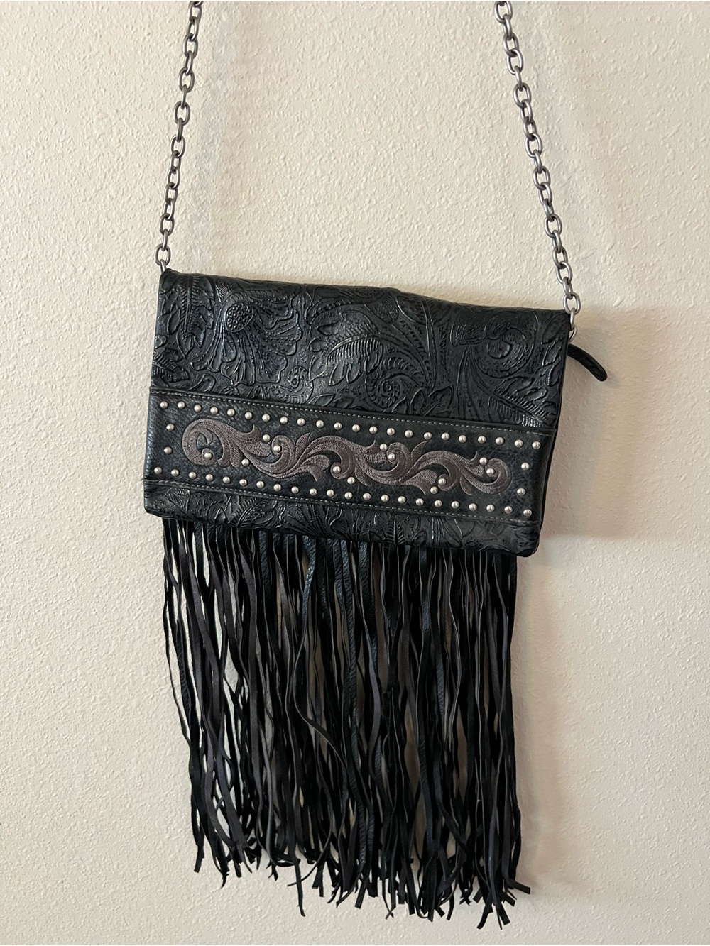 Black Tooled Leather Fringe Crossbody Bag, like new